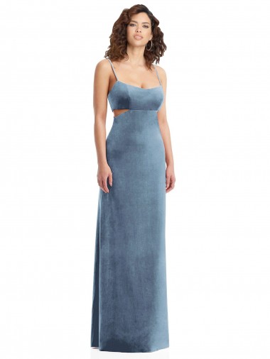 Loja de Veludo Elástico Decote Quadrado Lombar Bainha Azul Empoeirado Vestidos de Madrinha / Vestidos de Noite / Vestidos de Festa
