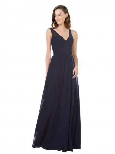 Loja de Chiffon & Renda Decote V Buraco da fechadura Linha A Marinha Negra Vestidos de Madrinha