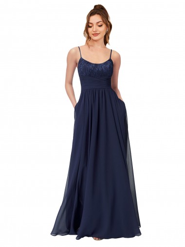 Loja de Chiffon & Renda Colher Lombar Linha A Marinha Negra Vestidos de Madrinha