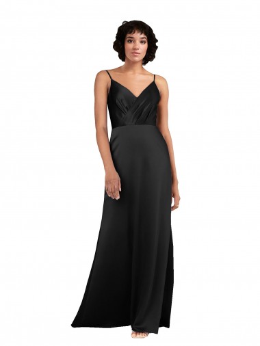 Loja de Cetim Sedoso Decote V Coluna Preto Vestidos de Madrinha / Vestidos de Noite / Vestidos de Festa