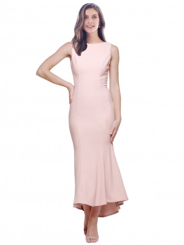 Loja de Crepe Esticado Decote Alto Lombar Bainha Rosa Vestidos de Madrinha / Vestidos de Noite / Vestidos de Festa / Vestidos de Cocktail